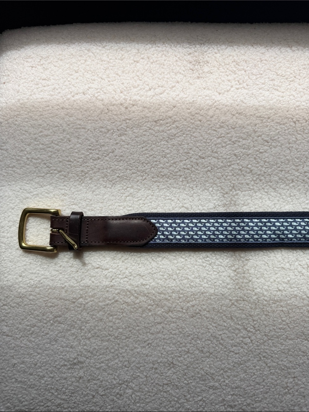 Vineyard Vines Navy Whale Patterned Canvas Belt with Brown Leather Trim